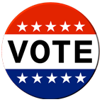 Red, white, and blue button with "VOTE" text